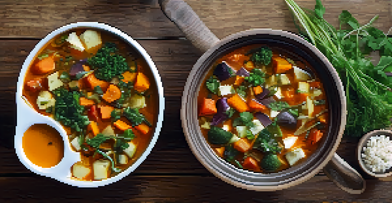 An overhead view of a bowl of vegetable soup made from leftovers, garnished with herbs on a rustic table.