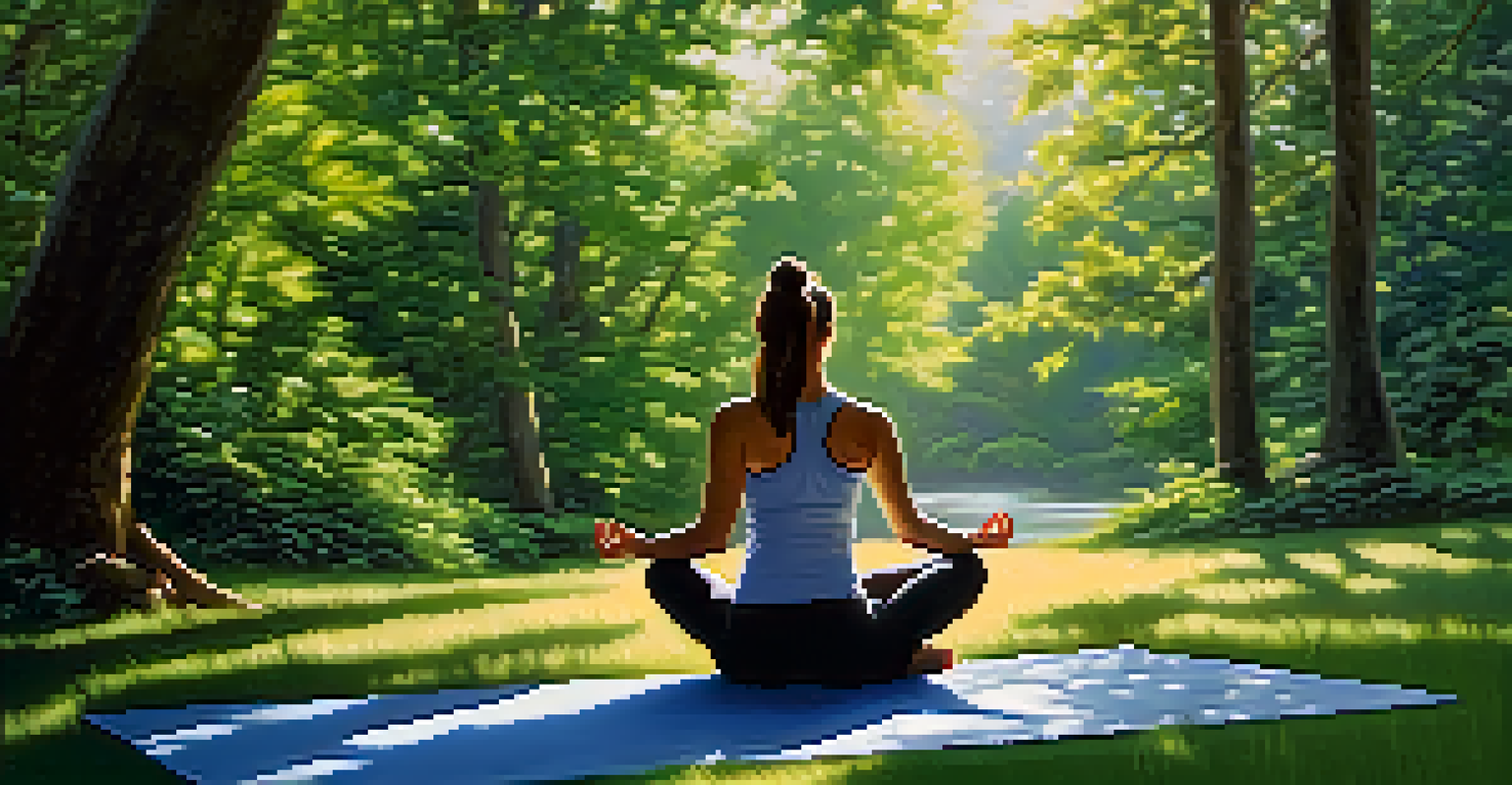 A woman practicing yoga in a tranquil natural setting, surrounded by trees and greenery, with sunlight filtering through the leaves.