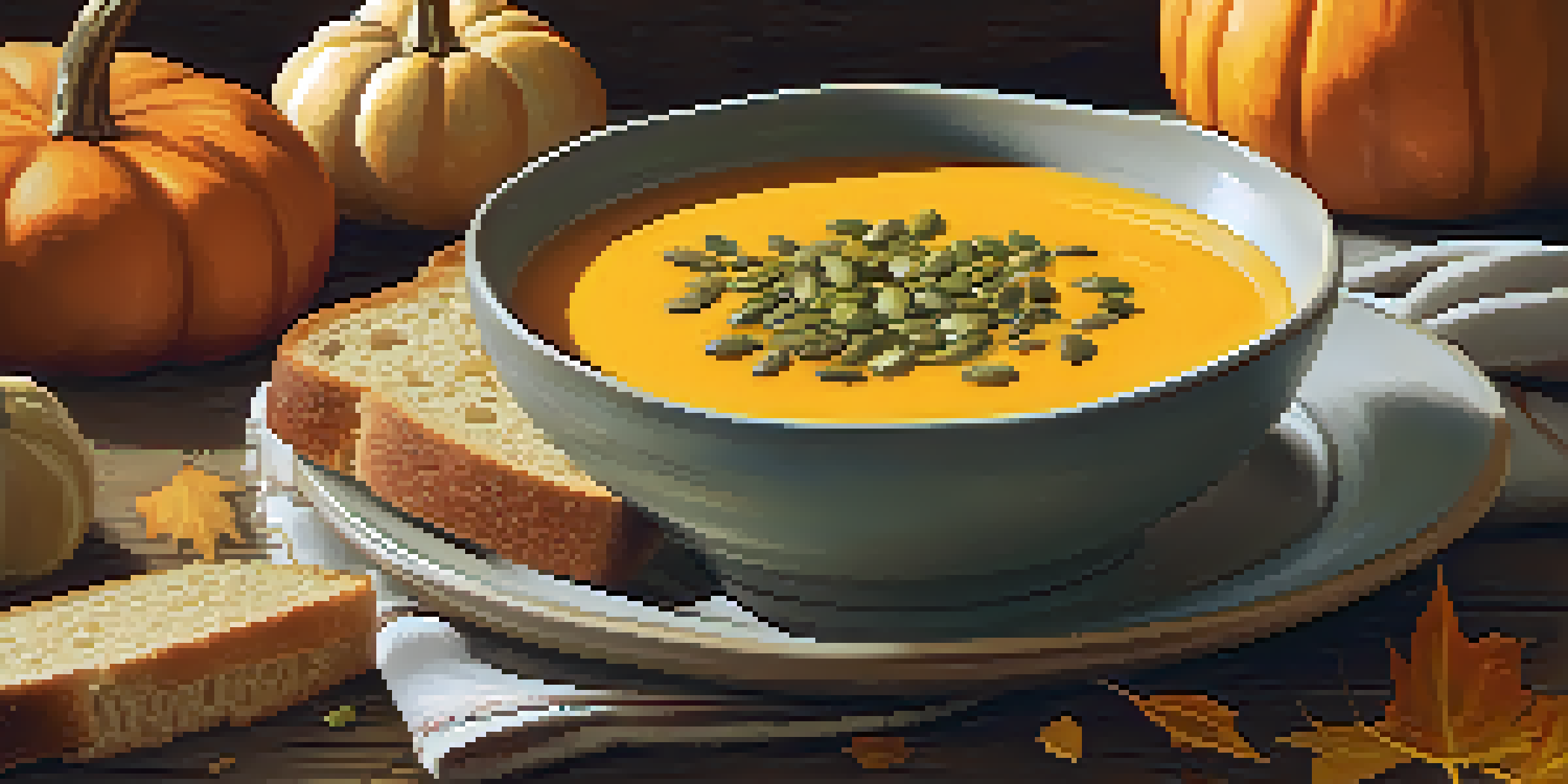 A bowl of creamy vegan pumpkin soup with pumpkin seeds, crusty bread, and autumn leaves in the background.