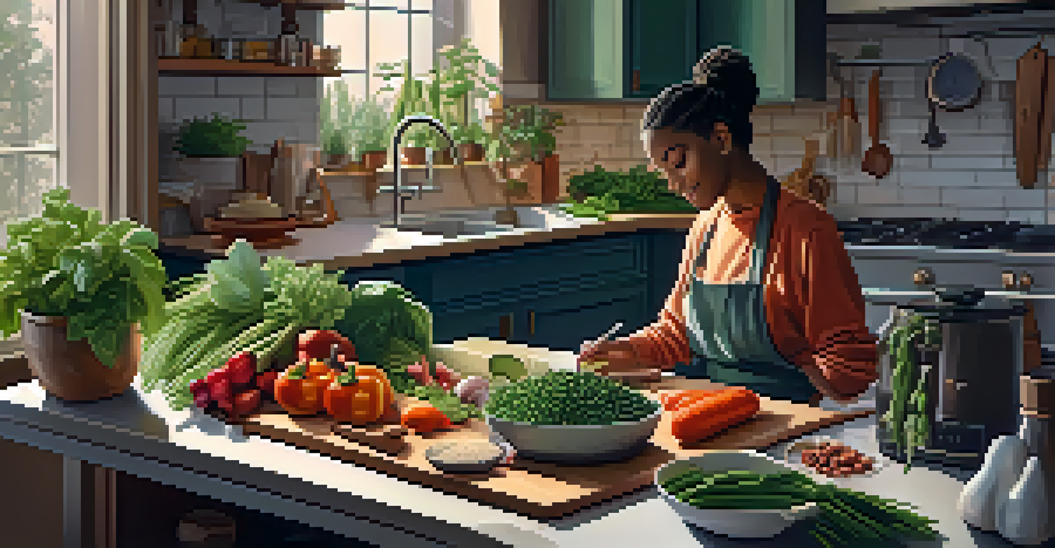 A person preparing a vegan dish in a cozy kitchen, chopping vegetables on a cutting board with various plant-based ingredients around.