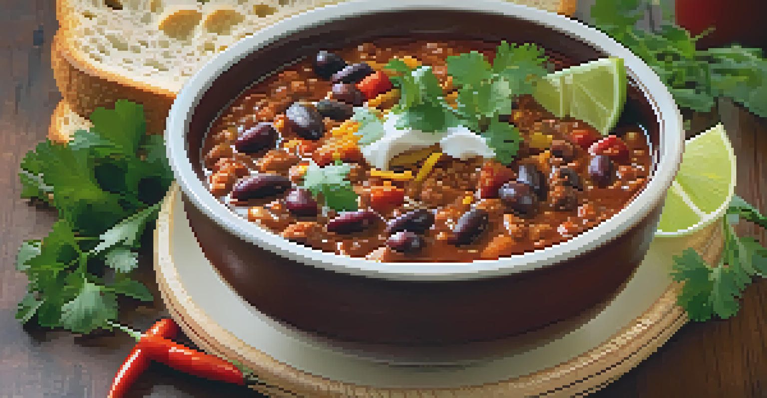 A bowl of classic vegan chili garnished with fresh cilantro, served with crusty bread on the side, in a warm and inviting setting.