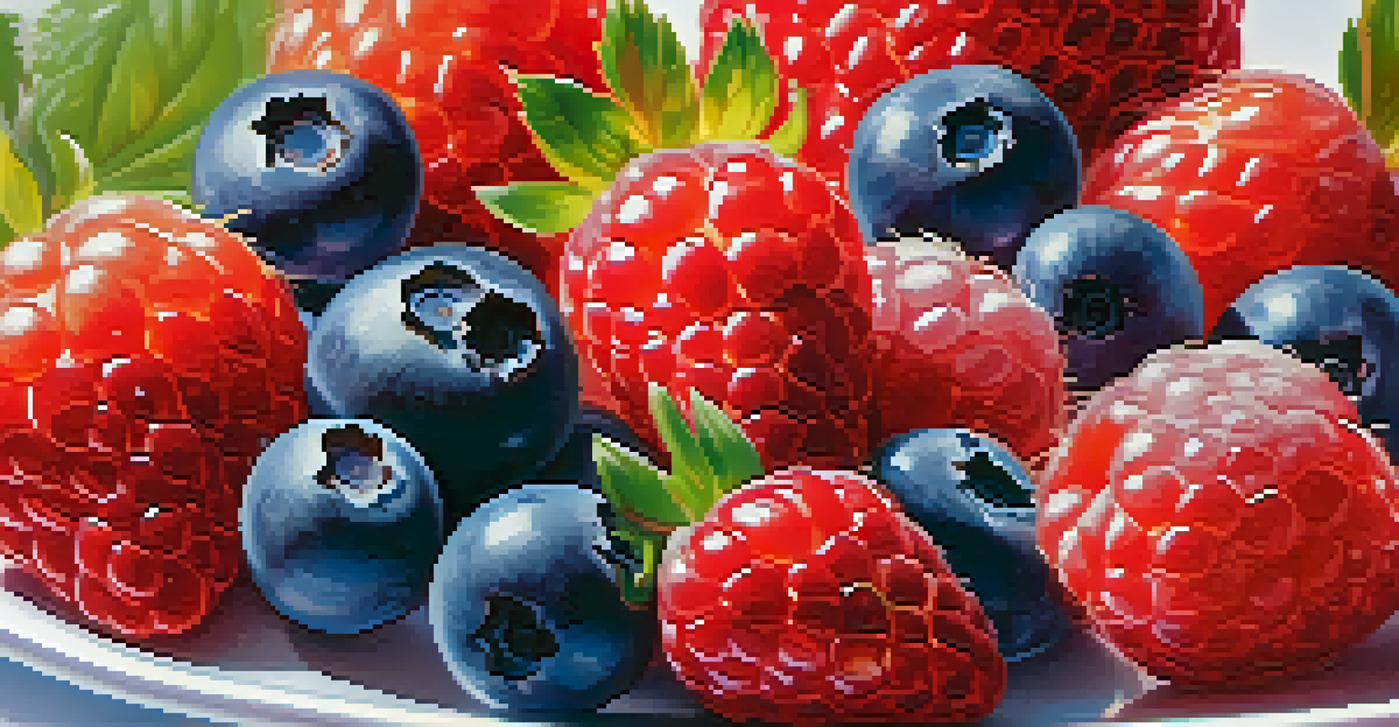 A white plate filled with fresh blueberries, strawberries, and raspberries, glistening with water droplets against a blurred background.