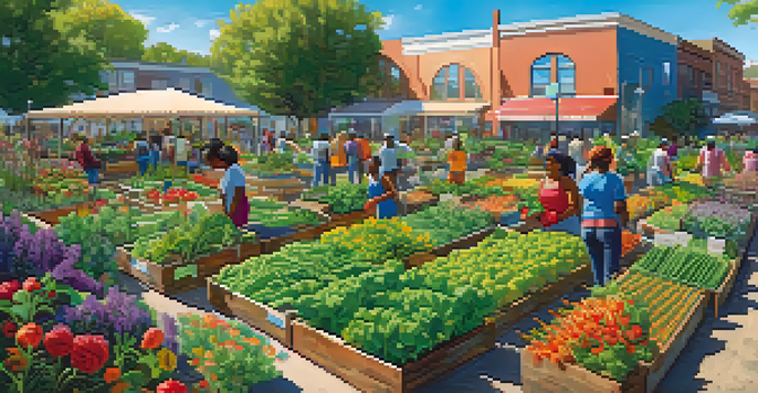 A community garden filled with fresh vegetables and fruits, with diverse people planting and harvesting under a bright sun.
