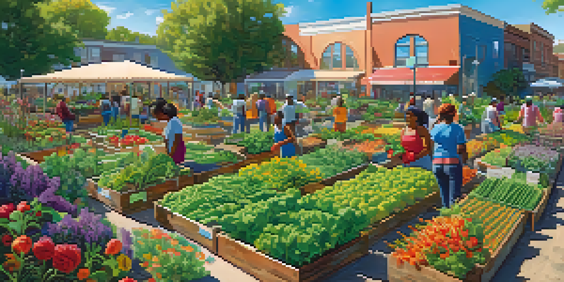 A community garden filled with fresh vegetables and fruits, with diverse people planting and harvesting under a bright sun.