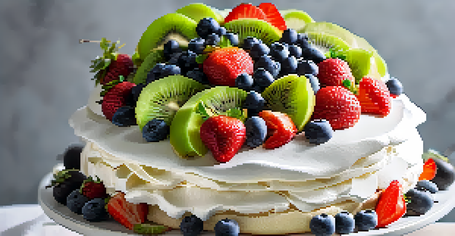 A vegan pavlova topped with fresh fruits on a white cake stand.