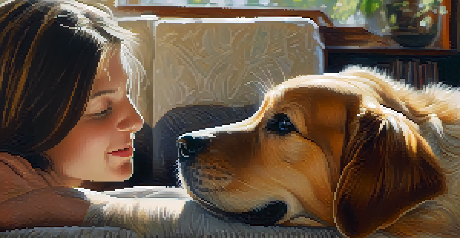 A warm moment of a person petting a rescued dog in a cozy living room, highlighting their bond.