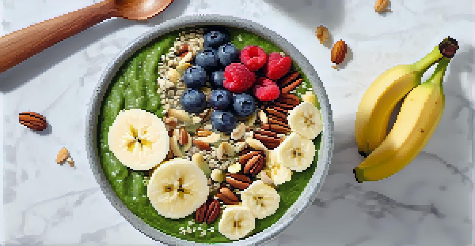 A smoothie bowl filled with spinach, oats, and chia seeds, topped with sliced bananas and berries, placed on a white marble countertop with a spoon beside it.