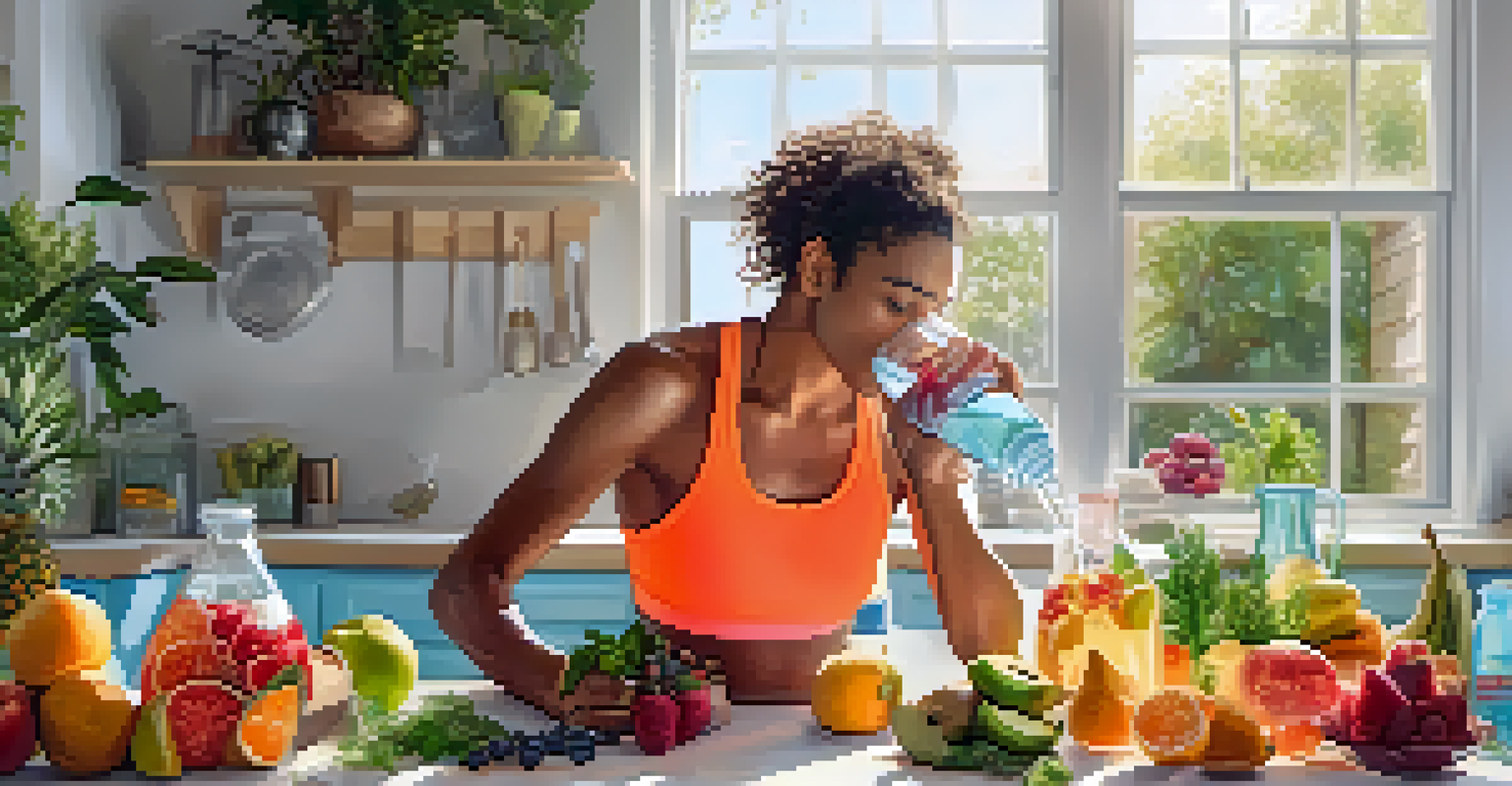An athlete preparing to hydrate with infused water, surrounded by fresh fruits and herbs in a bright kitchen.