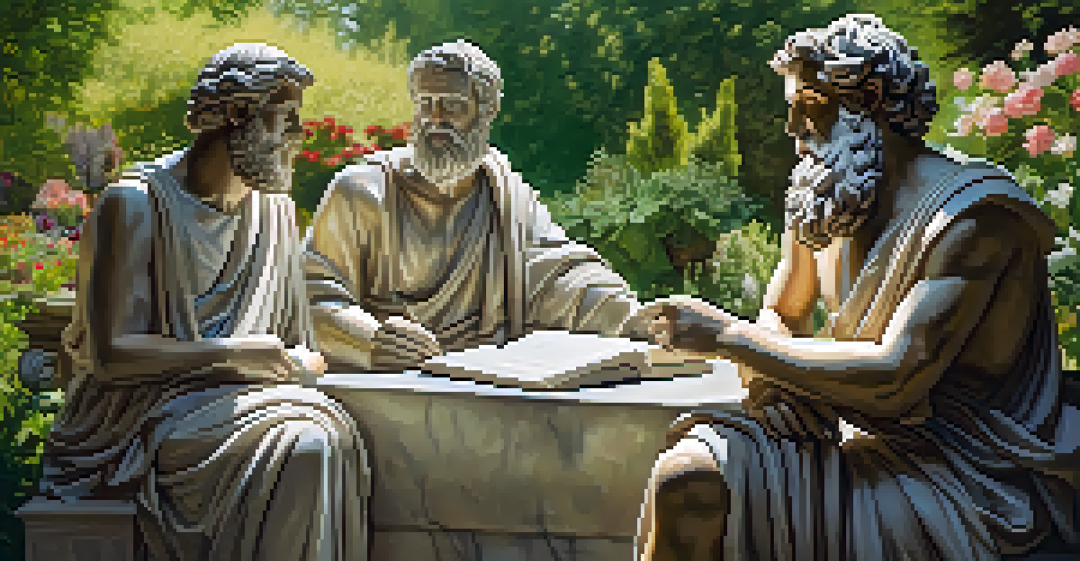 Ancient Greek philosophers discussing in a lush garden filled with flowers and statues, surrounded by scrolls and books.