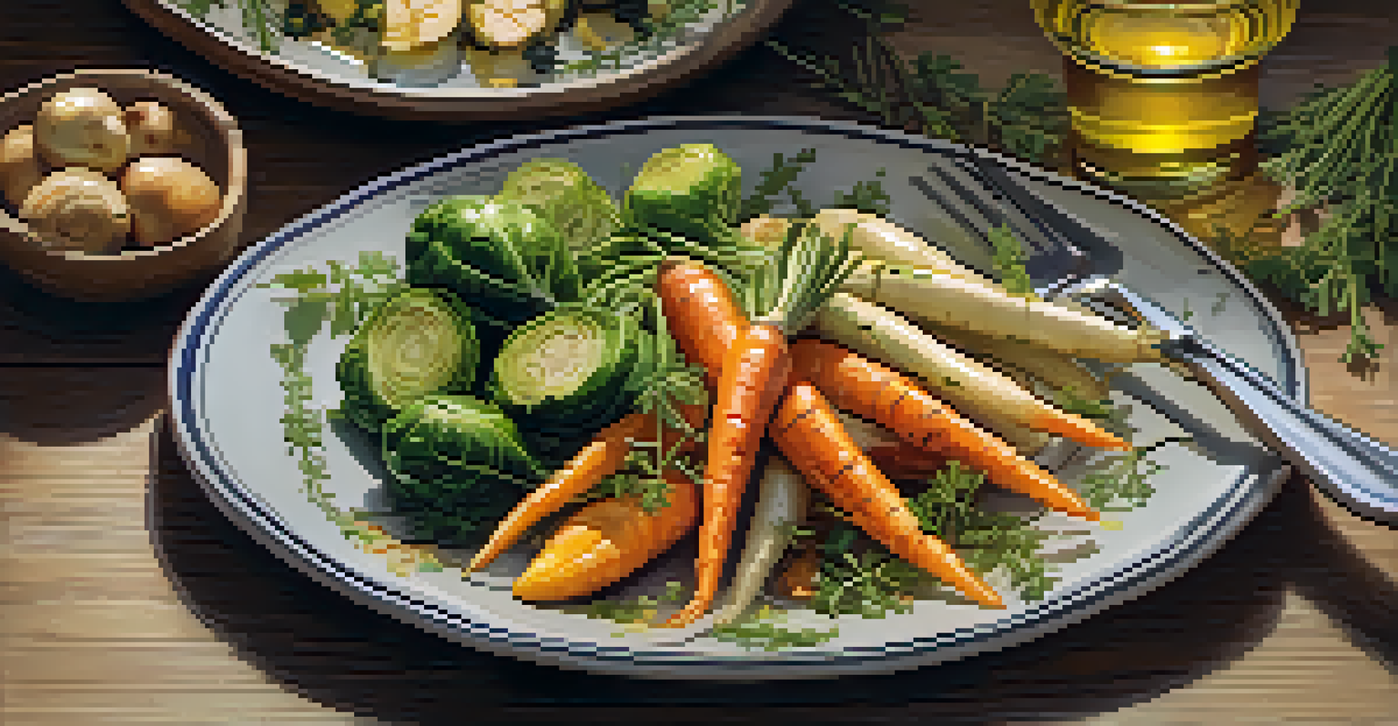 A plate filled with roasted seasonal vegetables like carrots and Brussels sprouts, beautifully arranged and garnished with herbs under natural light.