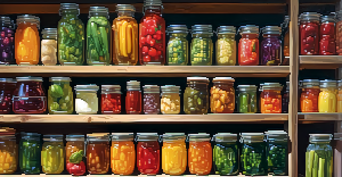 A kitchen filled with jars of colorful preserved vegan foods like sauces, fruits, and vegetables, illuminated by sunlight.