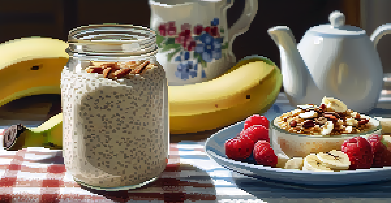 A jar of overnight oats with bananas and a cup of coffee on a checkered cloth.