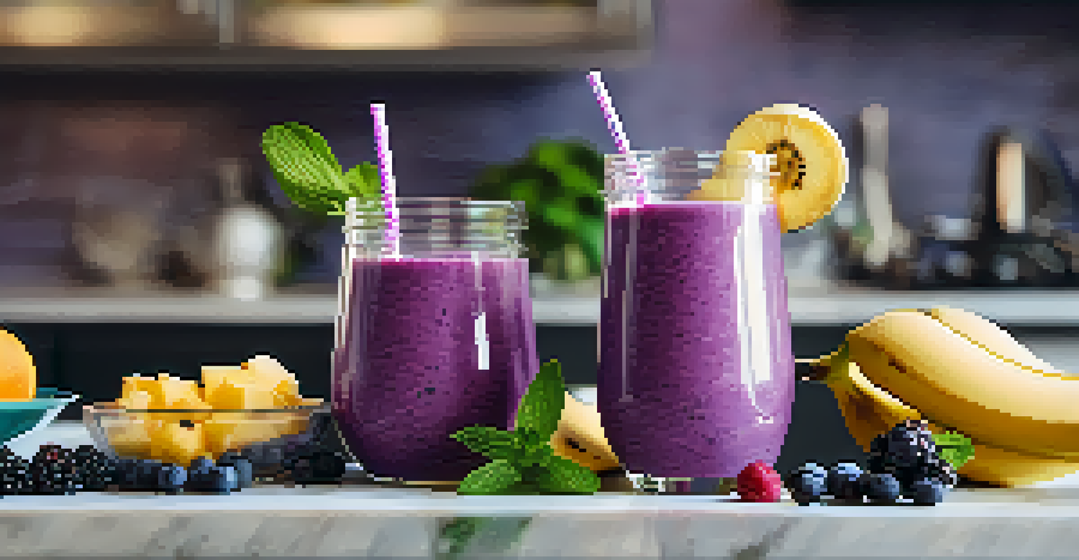 A glass of vibrant purple fruit smoothie topped with mint, with fresh fruits and a blender in the background.