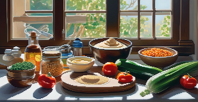 A bright kitchen with fresh vegetables, canned chickpeas, and a bowl of hummus on a wooden cutting board, sunlight illuminating the scene.