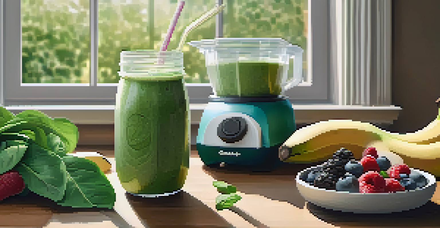 A blender with spinach, bananas, and berries, surrounded by chia seeds and nut butter, illuminated by sunlight.