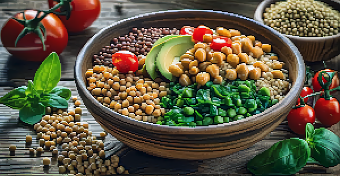 A bowl filled with various vegan proteins such as lentils, quinoa, chickpeas, and hemp seeds alongside fresh vegetables like spinach and cherry tomatoes, placed on a wooden table.