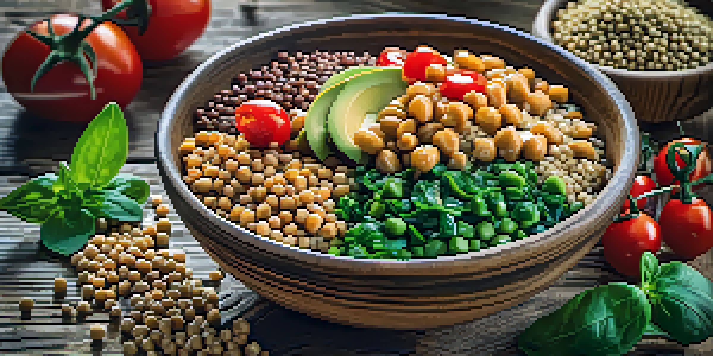 A bowl filled with various vegan proteins such as lentils, quinoa, chickpeas, and hemp seeds alongside fresh vegetables like spinach and cherry tomatoes, placed on a wooden table.