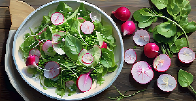 A colorful spring salad with greens, radishes, and peas, topped with edible flowers, on a wooden table under soft sunlight.