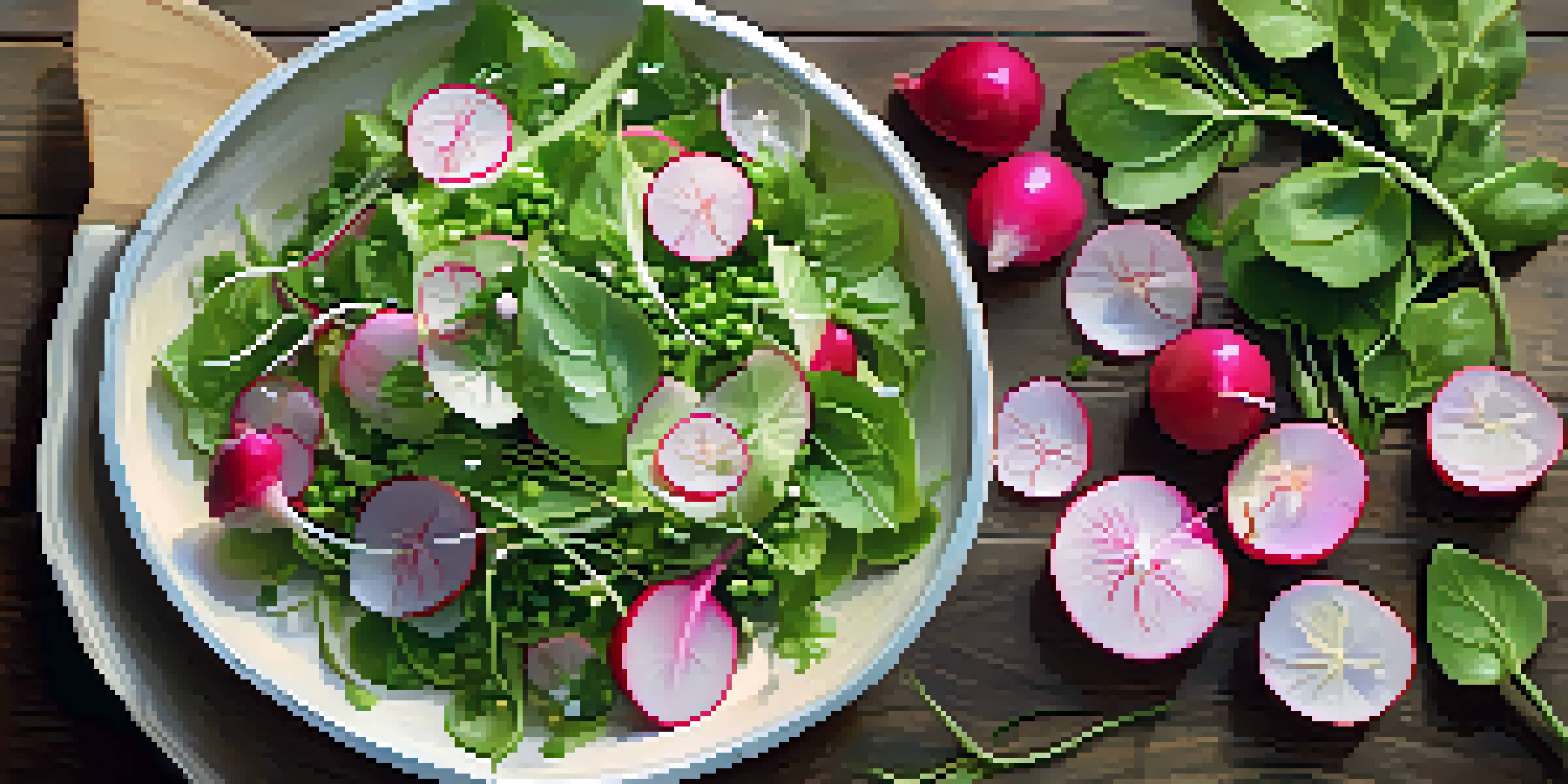 A colorful spring salad with greens, radishes, and peas, topped with edible flowers, on a wooden table under soft sunlight.