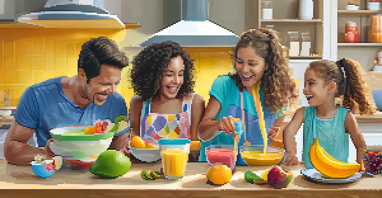 A family of four happily making smoothies in the kitchen, with children choosing fruits and a blender in the background, showcasing a joyful atmosphere.