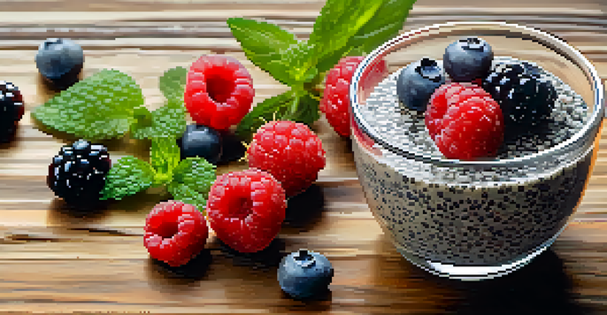 A close-up of chia seeds on a wooden surface next to a glass bowl of chia pudding topped with berries and mint.