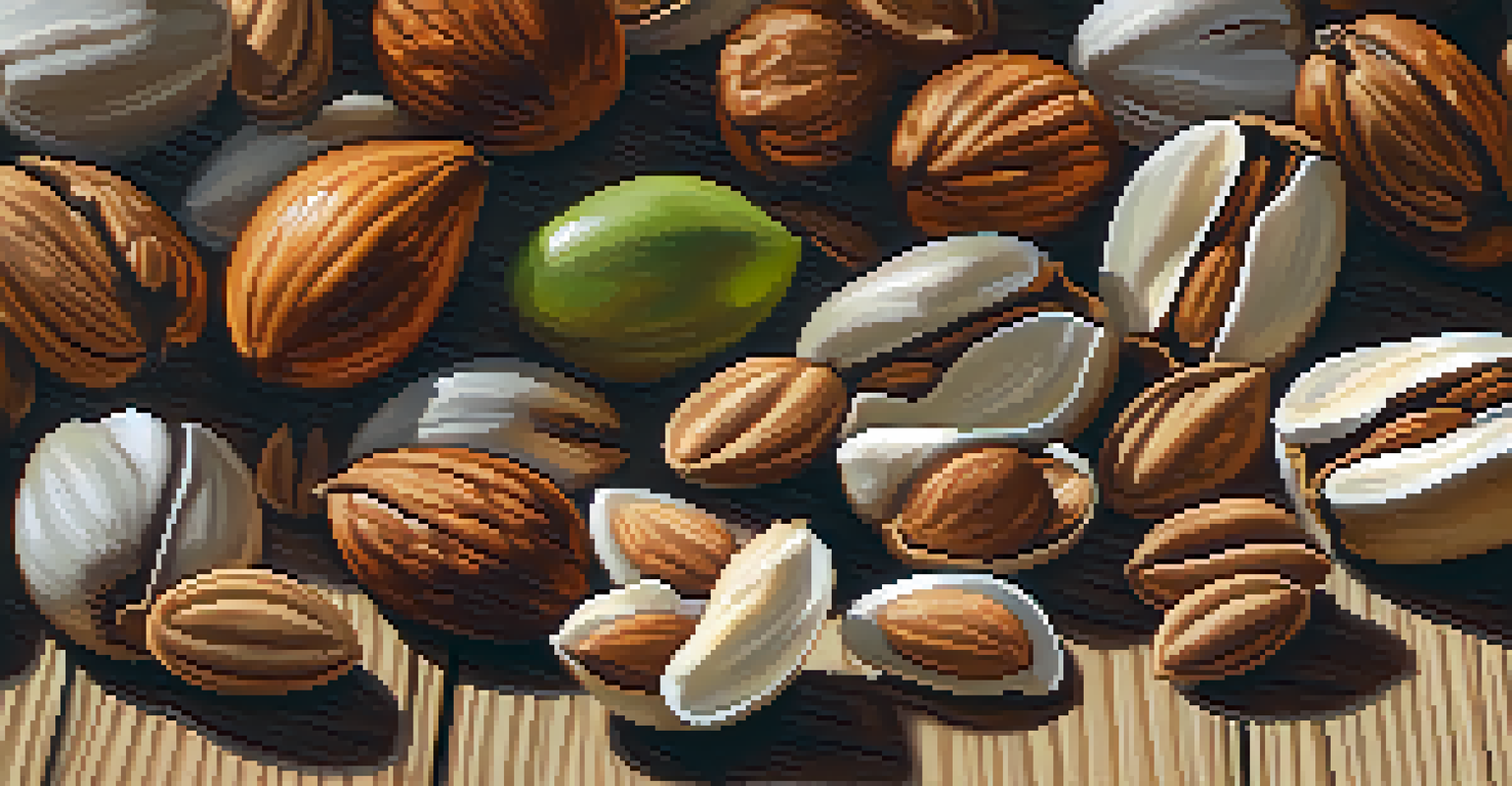 A close-up of a handful of mixed nuts and seeds on a textured wooden surface, showcasing their natural colors and textures.