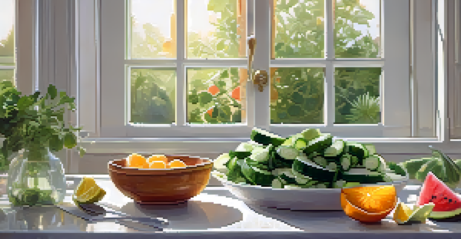 A fresh cucumber salad with watermelon and oranges on a kitchen countertop, illuminated by warm sunlight, accompanied by a glass of lemon-infused water.