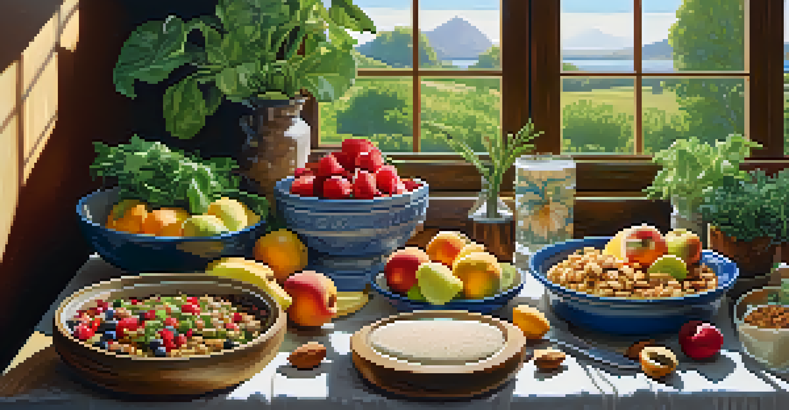 A beautifully arranged vegan meal with fresh fruits, vegetables, nuts, and grains on a wooden table, illuminated by natural light.