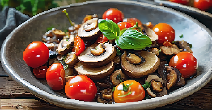 A vibrant vegan dish showcasing sautéed shiitake mushrooms and cherry tomatoes, garnished with nutritional yeast, displayed on a wooden table.