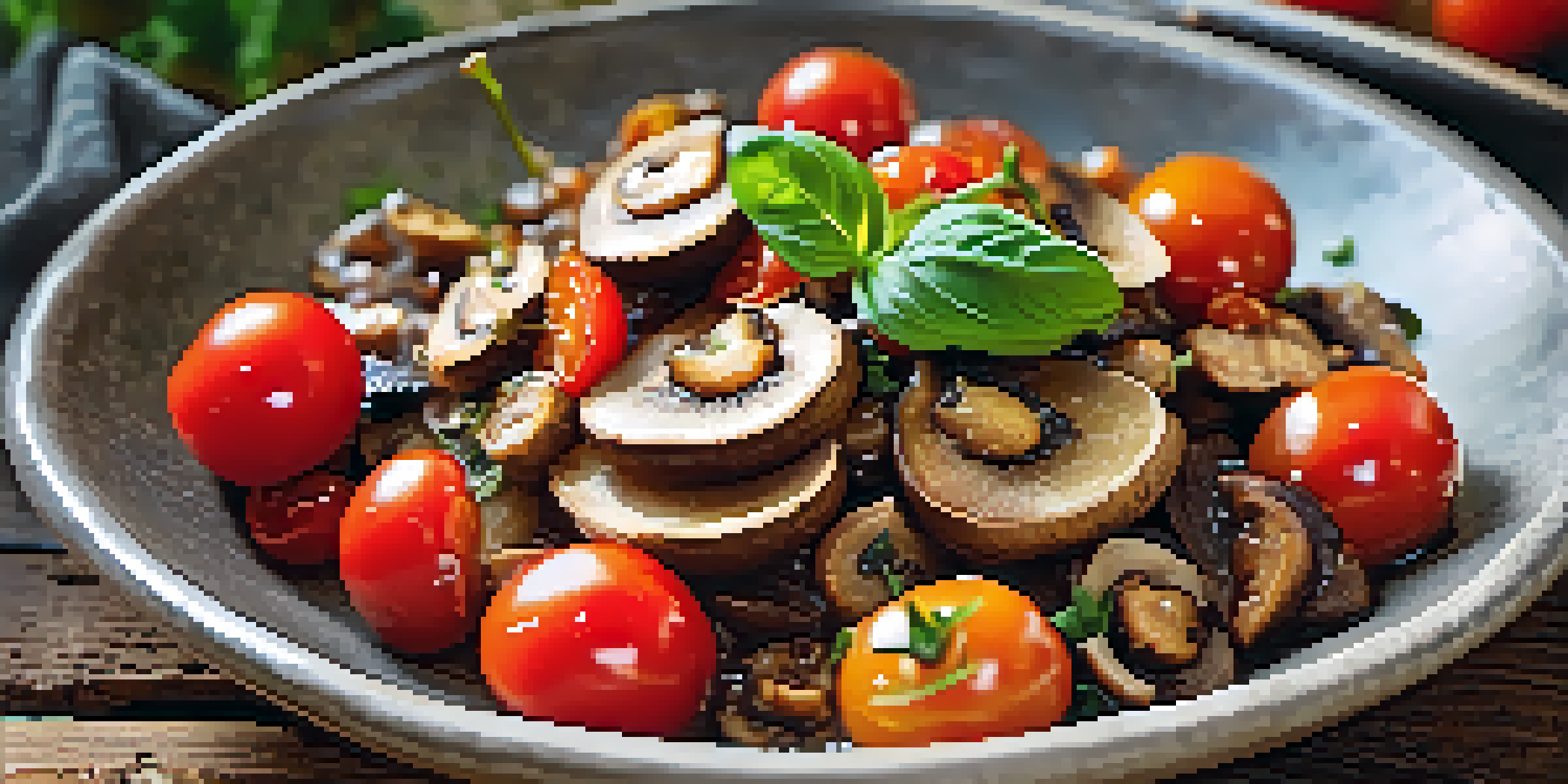 A vibrant vegan dish showcasing sautéed shiitake mushrooms and cherry tomatoes, garnished with nutritional yeast, displayed on a wooden table.