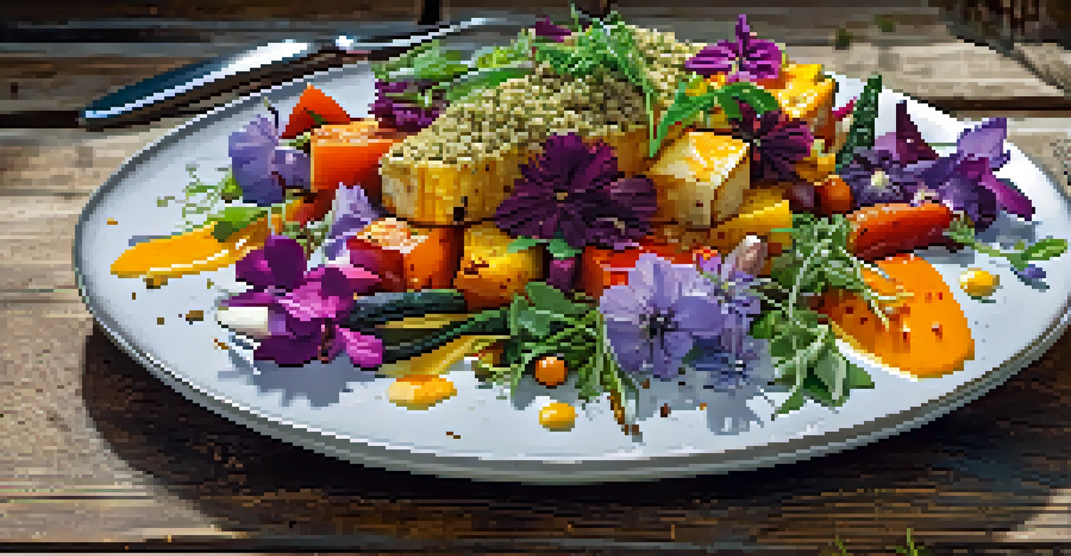 A close-up of an elegantly plated vegan dish with colorful vegetables and herbs.