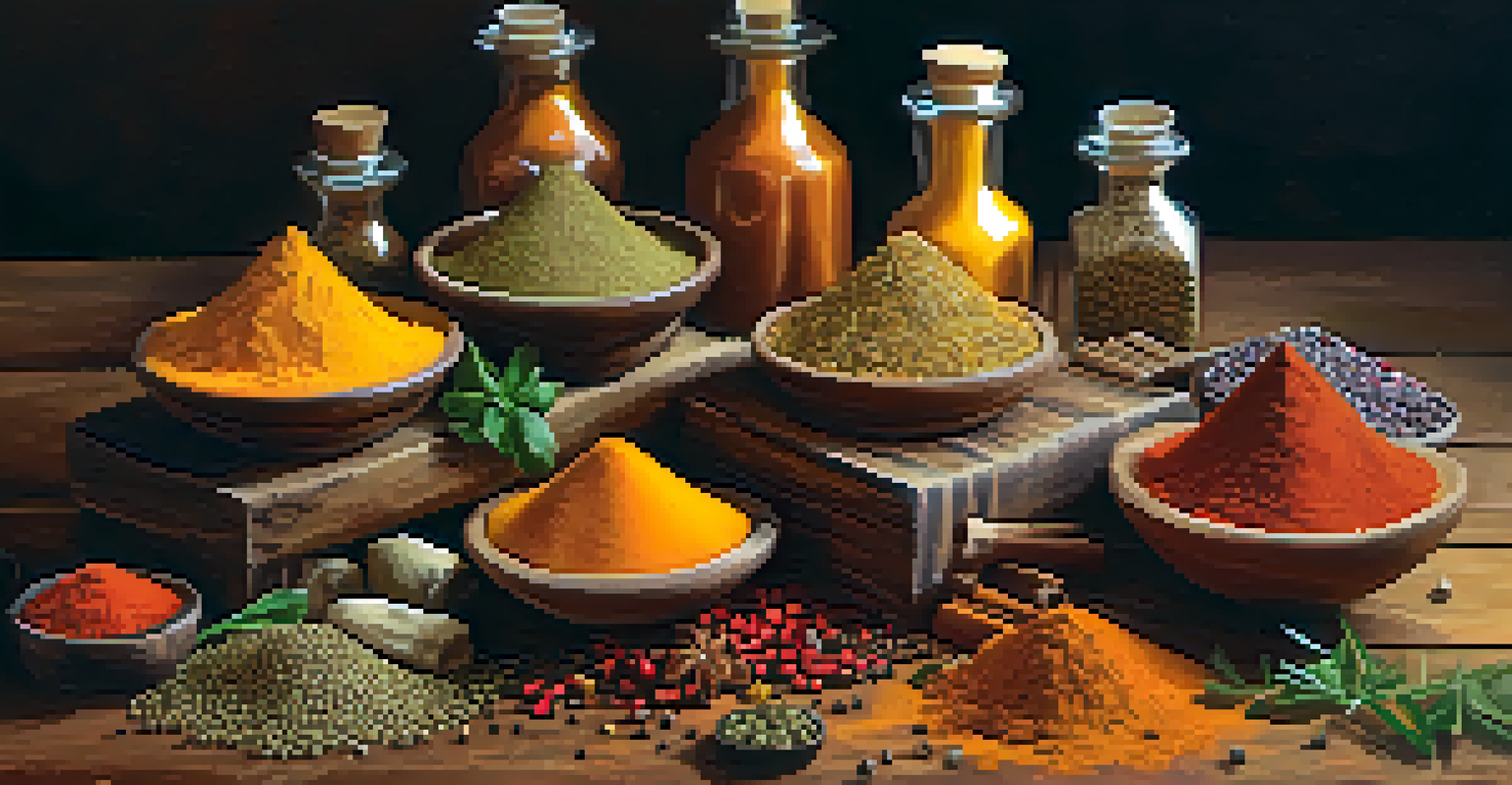 A close-up view of colorful spices like turmeric, paprika, and cumin scattered on a rustic wooden table, accompanied by fresh herbs in warm lighting.