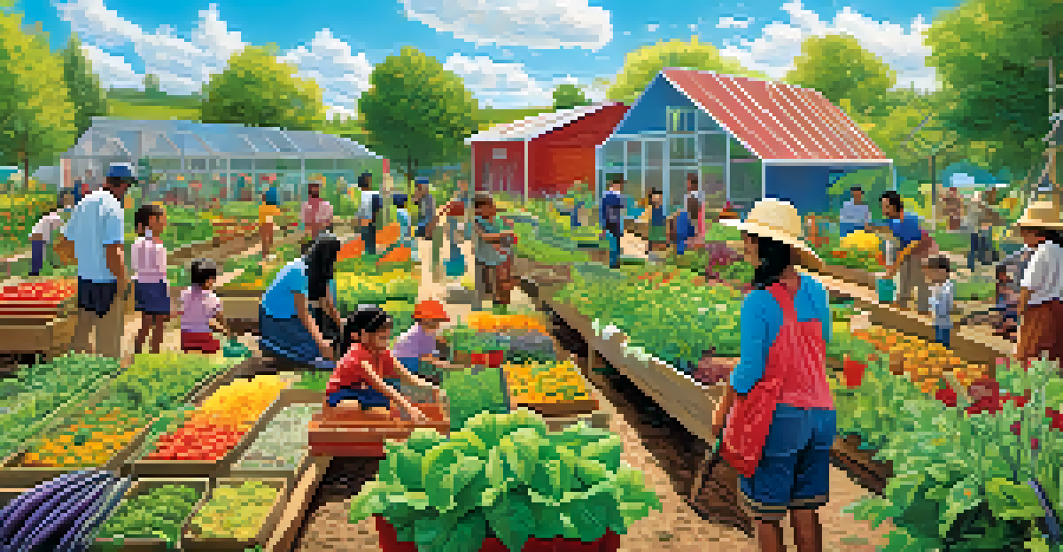 A community garden in an Indigenous community with diverse plants and people working together in a sunny environment, representing sustainability.