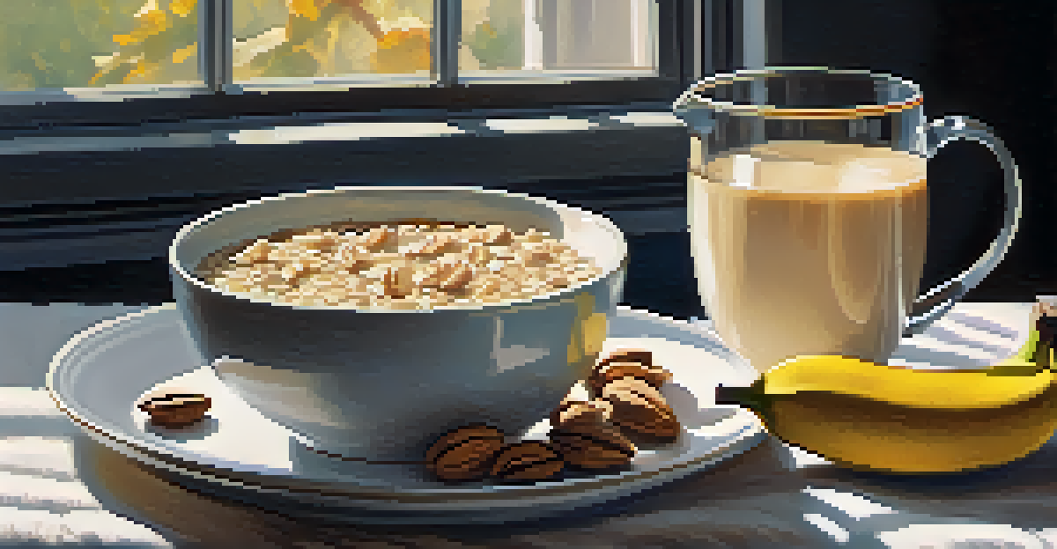 A bowl of oatmeal with banana, nuts, and honey next to a cup of herbal tea on a table with morning light.