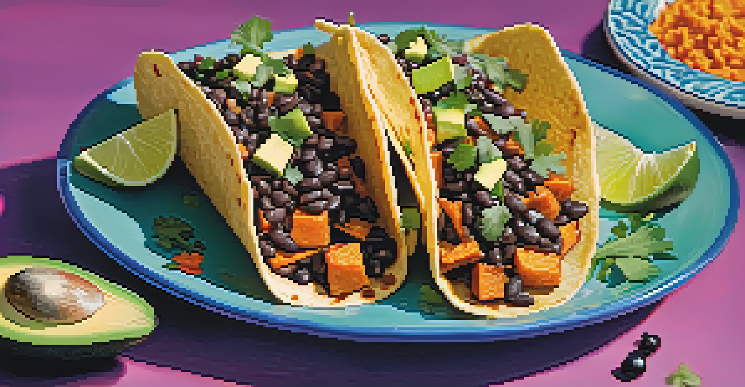Colorful sweet potato and black bean tacos arranged on a plate, garnished with avocado and cilantro in a bright kitchen.