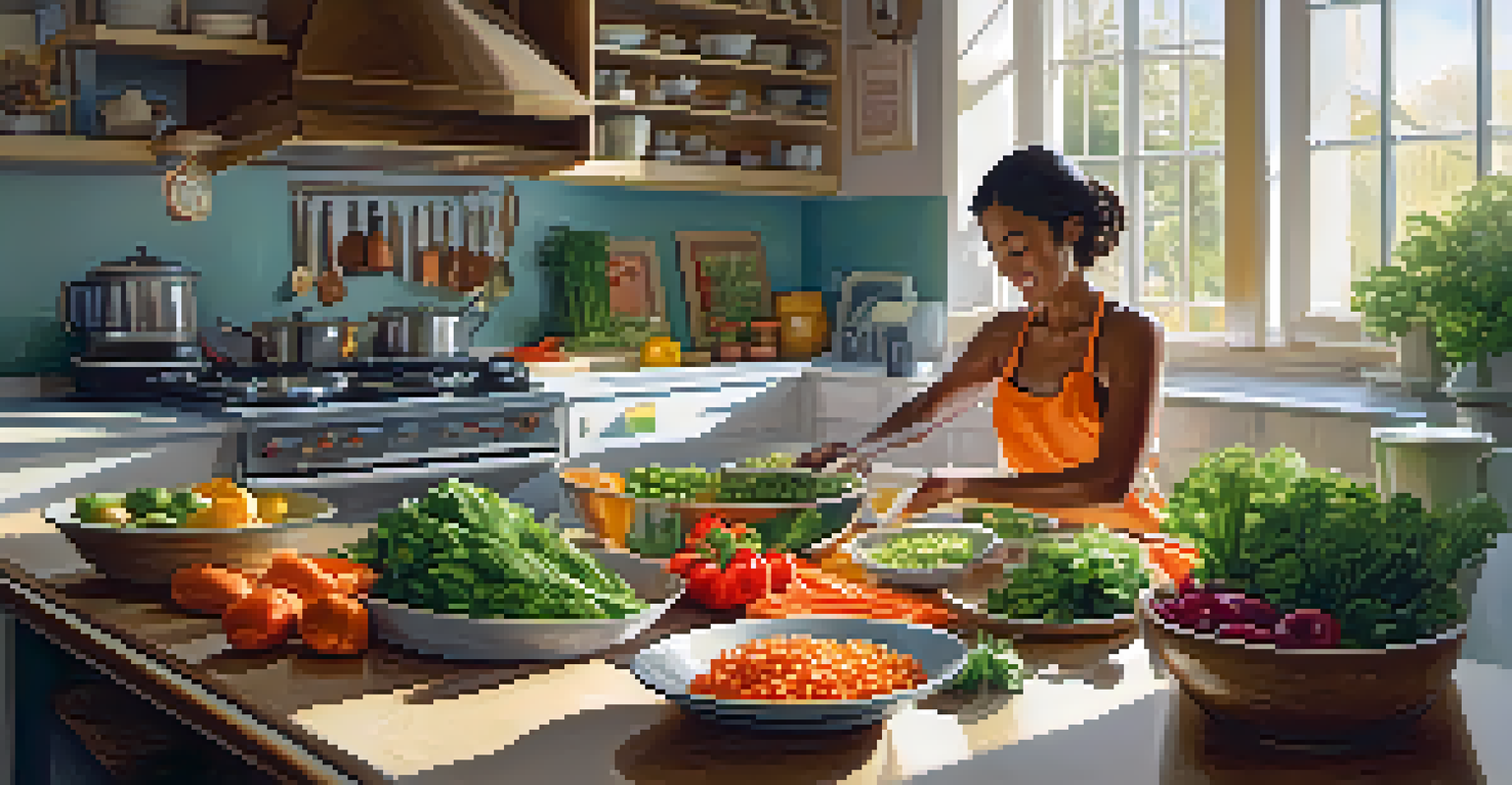 A kitchen scene where a person is preparing a colorful vegan meal with fresh vegetables and grains on the countertop, illuminated by natural light.