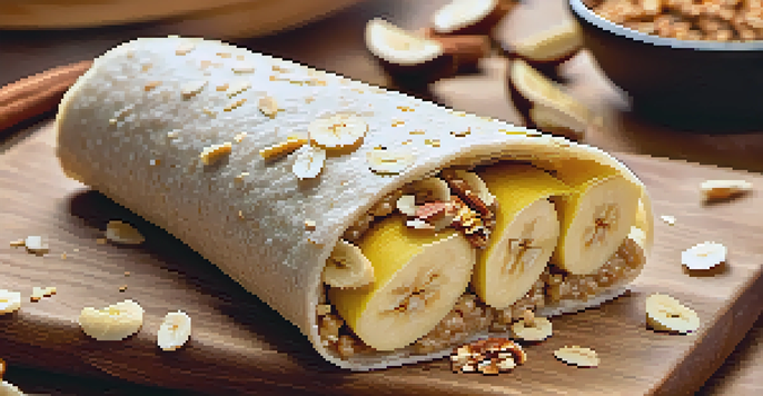 A rolled wrap made of whole grain tortilla with almond butter and banana, garnished with cinnamon and granola, on a wooden board.