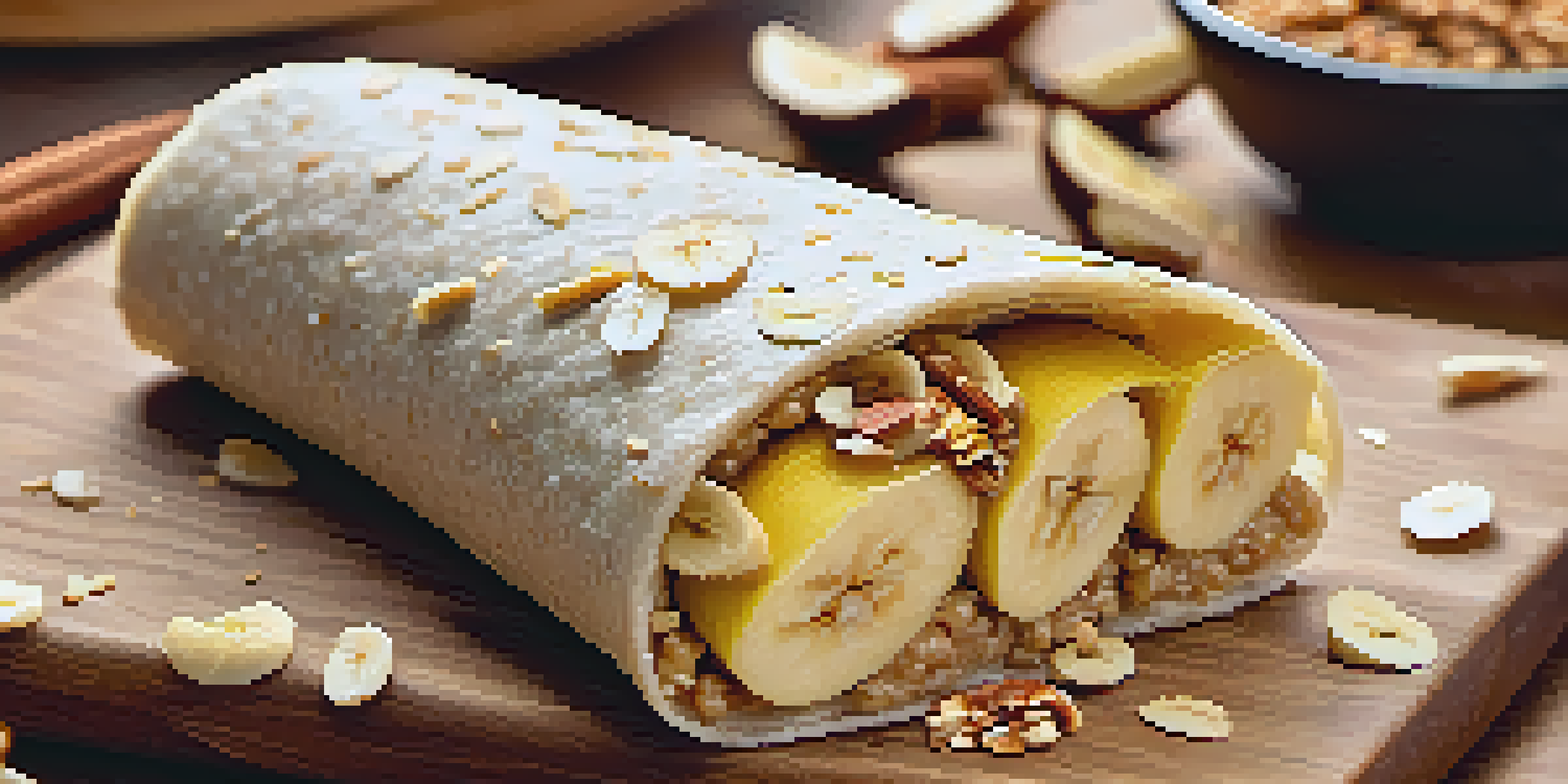 A rolled wrap made of whole grain tortilla with almond butter and banana, garnished with cinnamon and granola, on a wooden board.