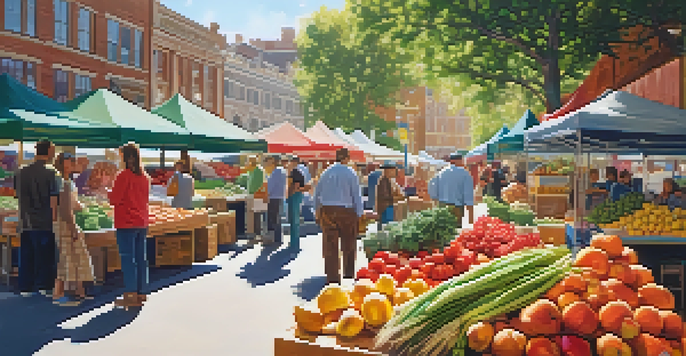 A lively farmers' market filled with fresh produce and diverse shoppers under soft sunlight.