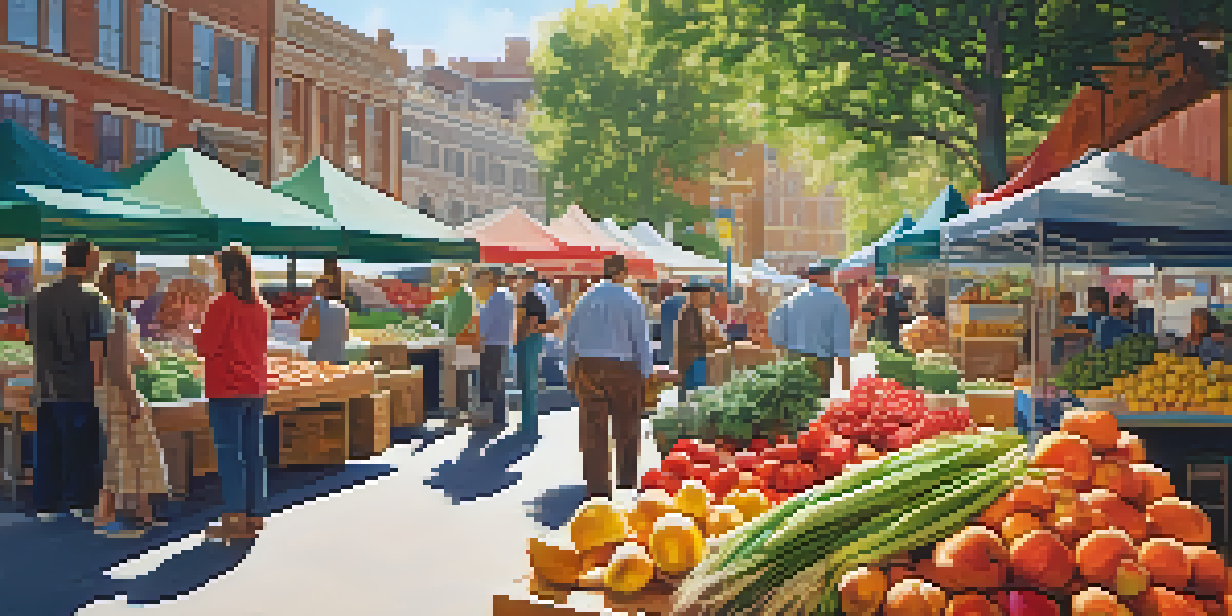 A lively farmers' market filled with fresh produce and diverse shoppers under soft sunlight.