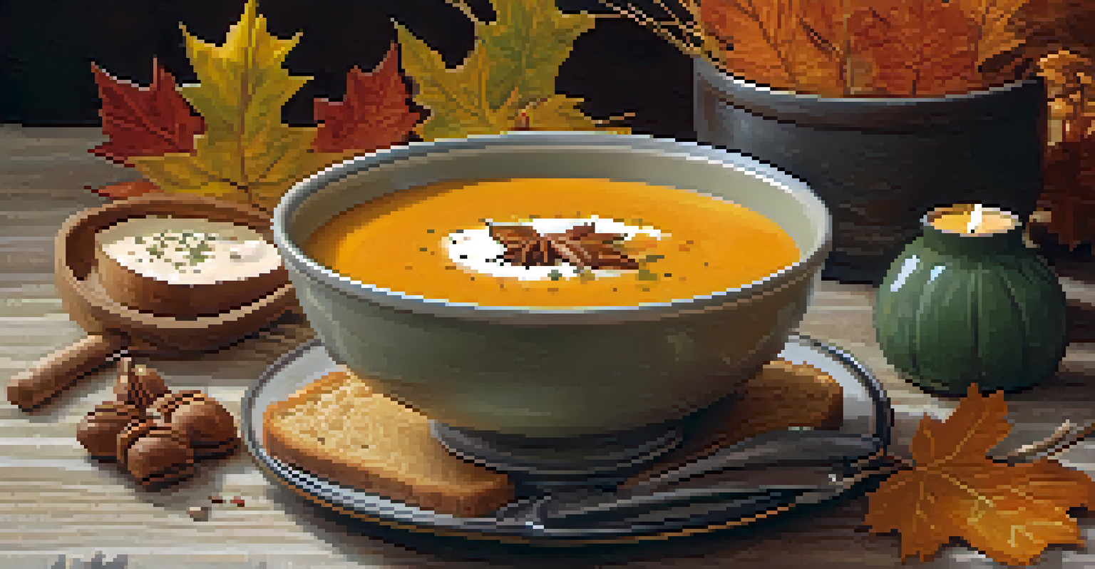 A bowl of creamy butternut squash soup with nutmeg garnish, accompanied by crusty bread, surrounded by autumn leaves and candlelight.