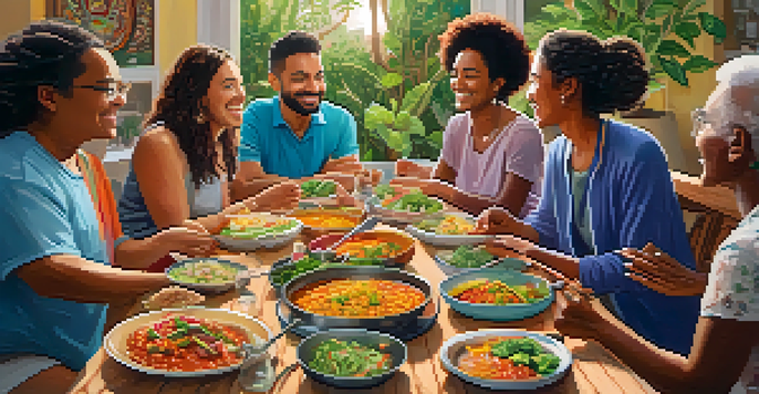 A lively potluck with diverse people enjoying a table full of colorful vegan dishes from various cultures.