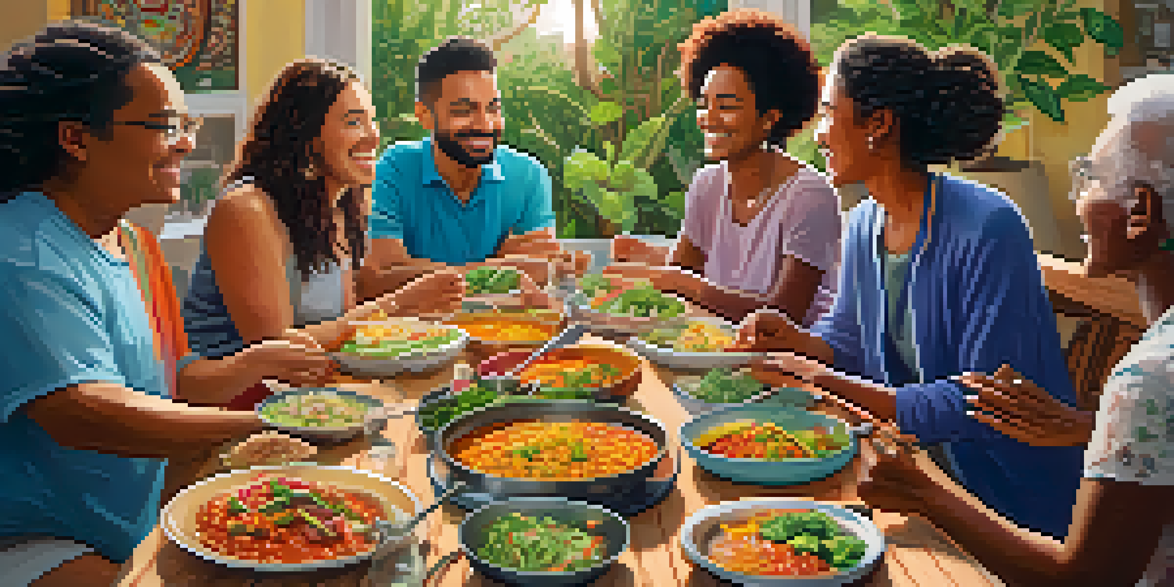 A lively potluck with diverse people enjoying a table full of colorful vegan dishes from various cultures.
