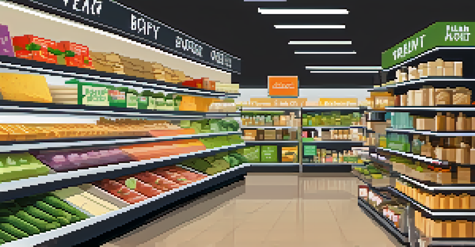 A grocery store aisle filled with diverse plant-based products, with shoppers browsing and promotional signage highlighting the benefits of plant-based diets.