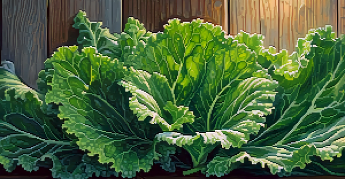 Close-up of fresh kale leaves with dew on a rustic wooden background, illuminated by soft morning light.