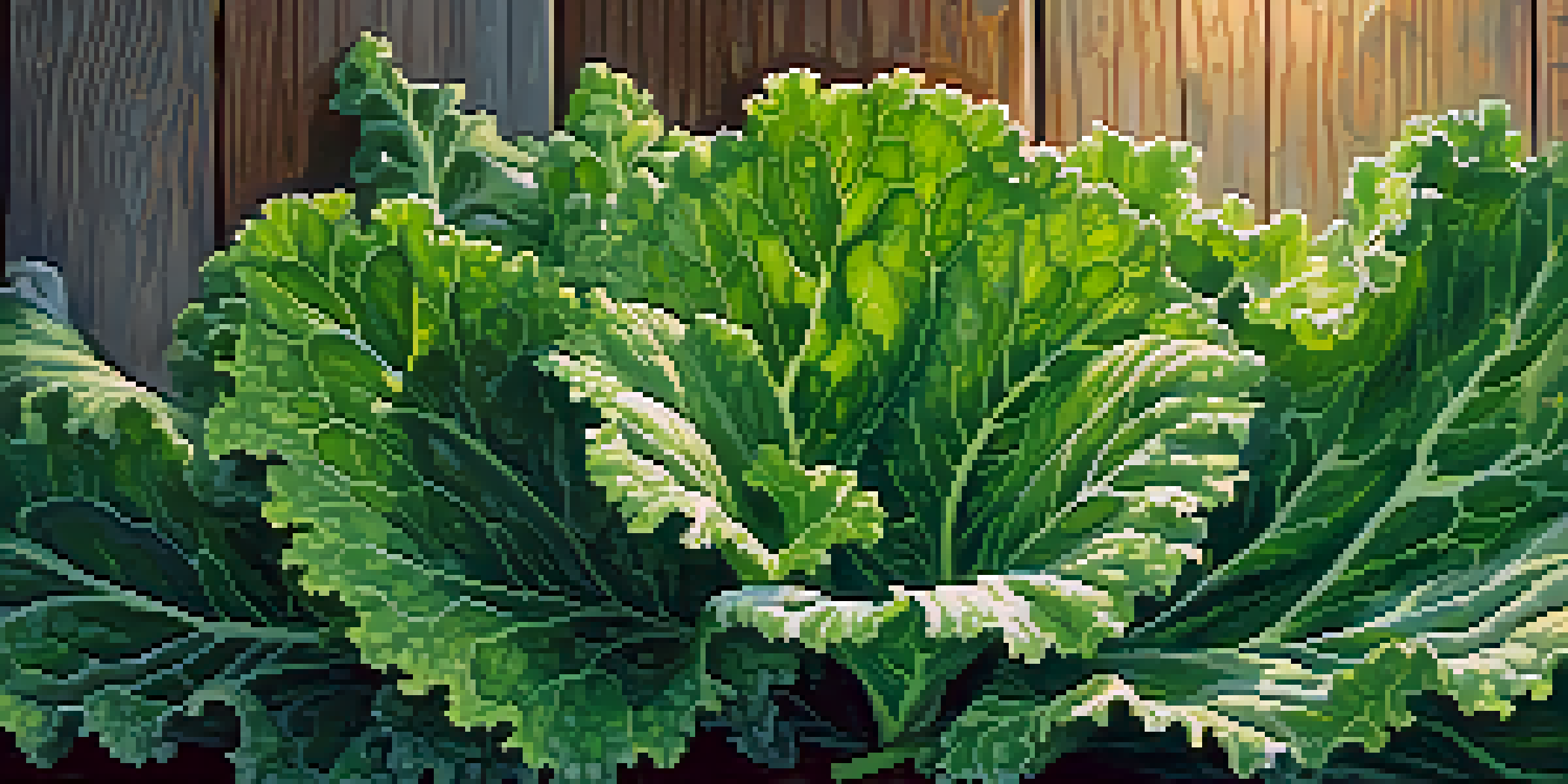 Close-up of fresh kale leaves with dew on a rustic wooden background, illuminated by soft morning light.
