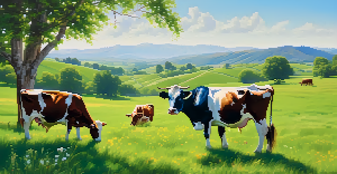 A serene pasture with cows grazing under a clear blue sky, surrounded by wildflowers and hills in the background.