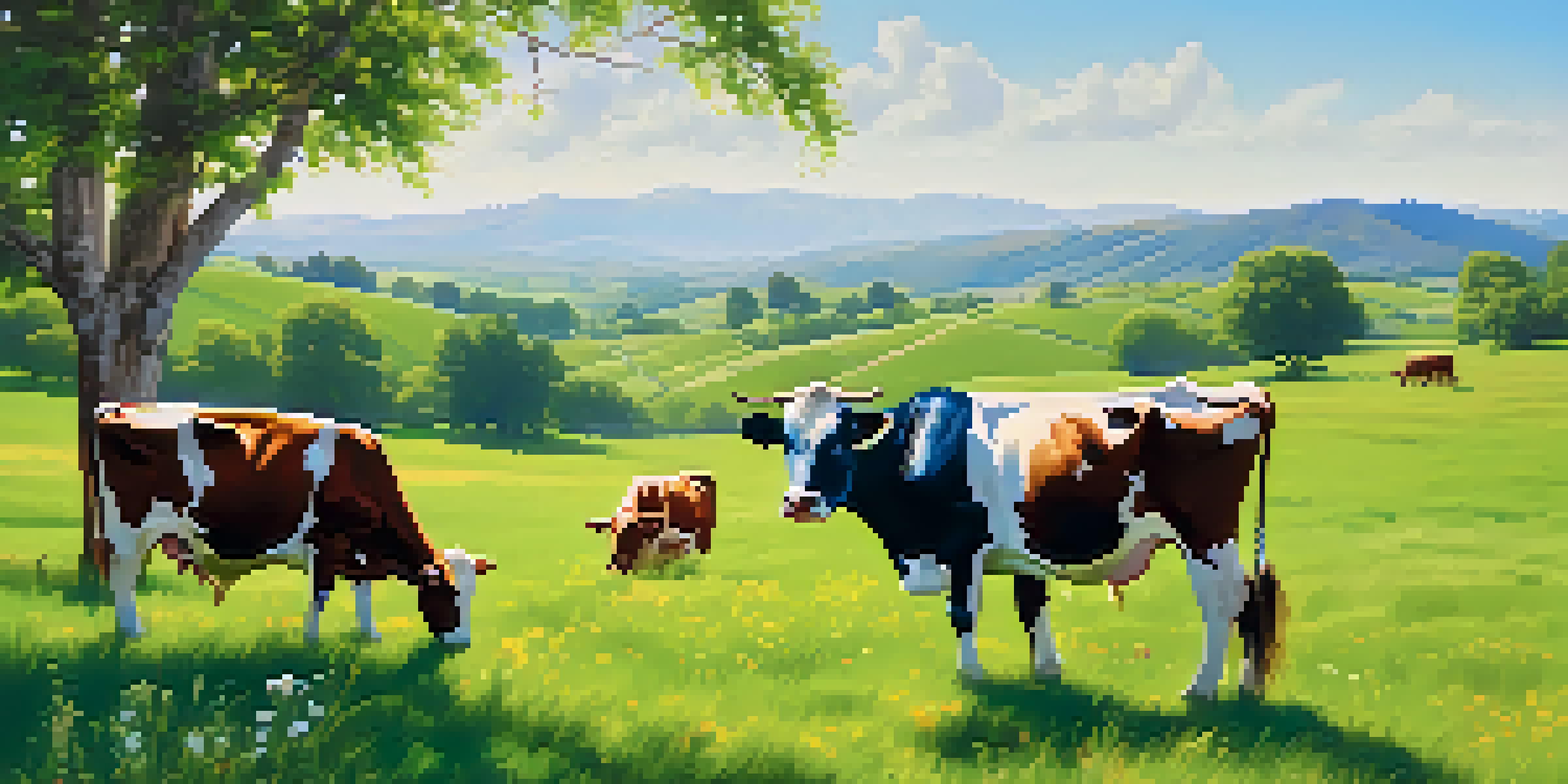 A serene pasture with cows grazing under a clear blue sky, surrounded by wildflowers and hills in the background.
