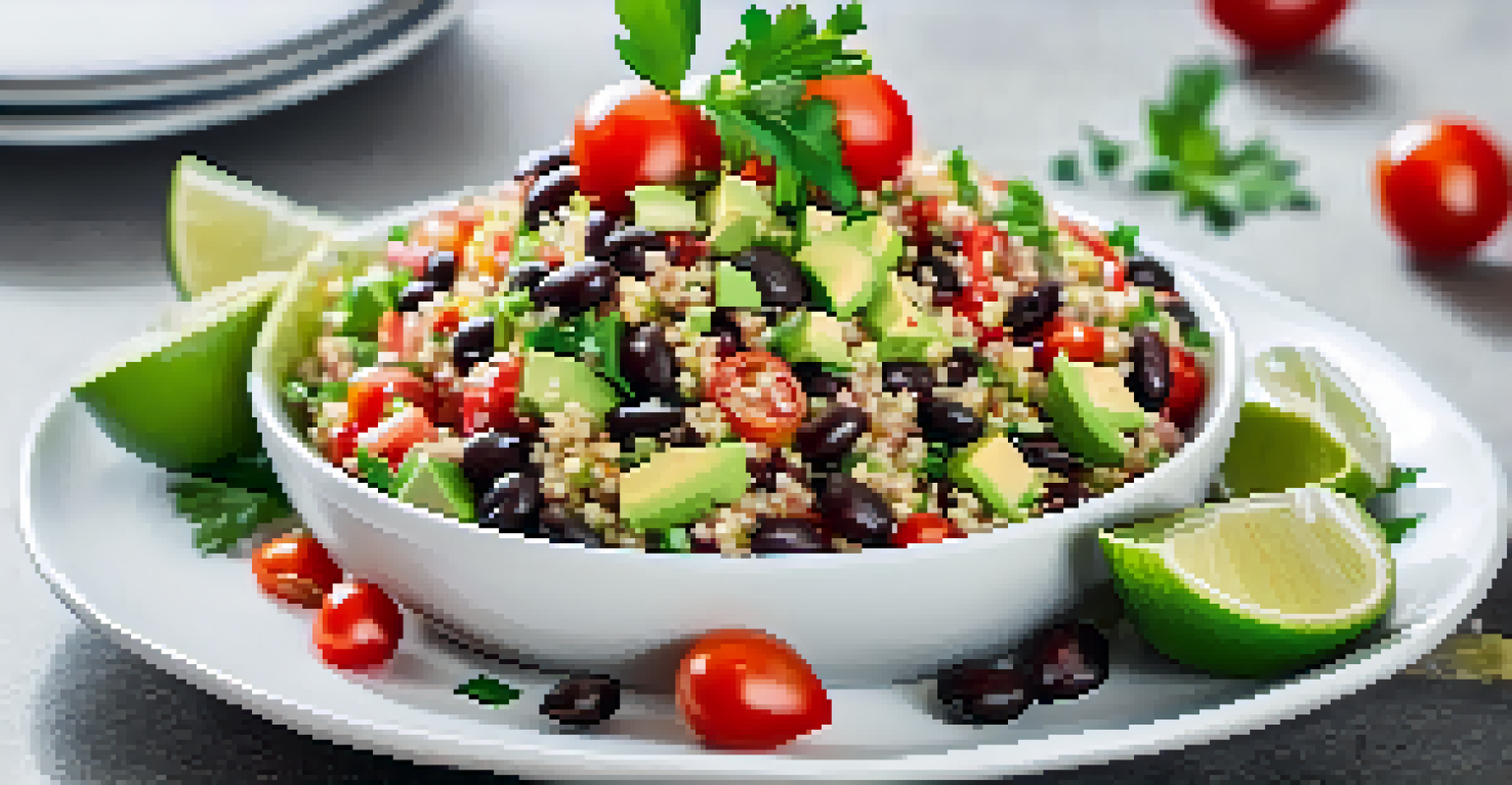 A quinoa salad with black beans, avocado, and cherry tomatoes on a white plate, set in a cozy kitchen ambiance.