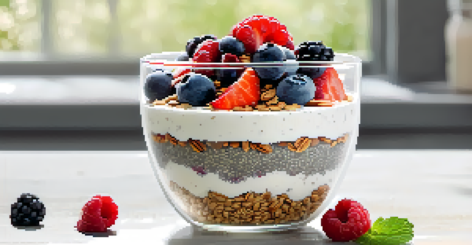 A clear glass filled with chia pudding, topped with fresh berries and granola, showcasing the texture and colors of the ingredients.
